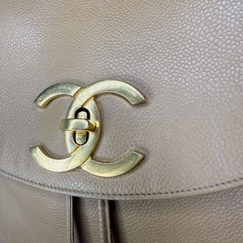 CHANEL Vintage Tan CC Logo Caviar Leather Backpack
